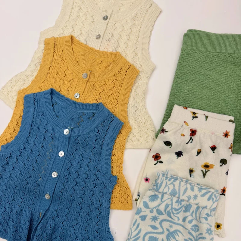 

Pre-sale(ship March) 2026 Fub Spring Summer Baby Girls Knitted T-shirt Cotton Hollow Knit Short Sleeves Girls Top Kids Clothes