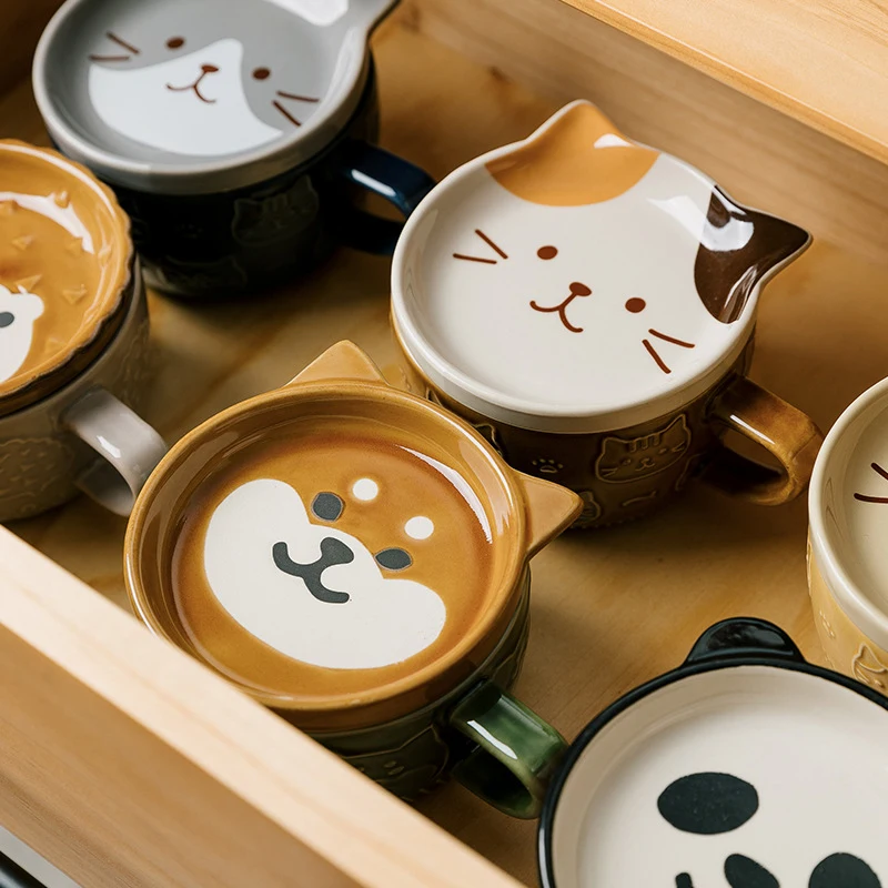 Japanese Cartoon Cat Coffee Mug With Cat Pattern Lid Small Dish Cute Breakfast Cup Creative Coffee Cup Milk Cup Gift For Girl