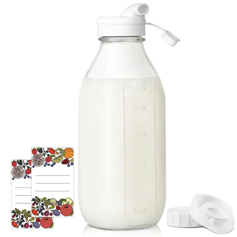 

Square Liter Glass Milk Bottles with Airtight Lid 100 LeakProof Heavy Duty Screw Cap, 32 Oz Glass Juice Bottles w Scale Mark, Re