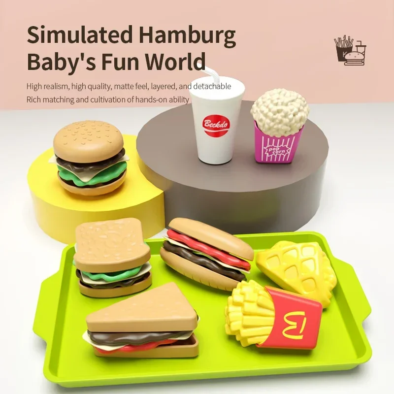 9 pezzi staccabili in plastica per hamburger, giocattolo finto, set da gioco per fast food per bambini con hamburger, patatine fritte, coca cola, sandwich, popcorn e vassoio