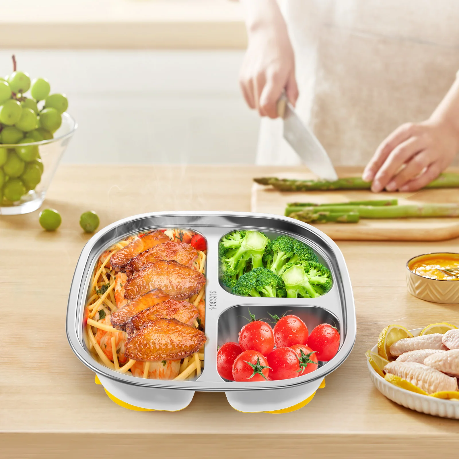 

2/1 шт. детская посуда, разделенные обеденные тарелки из нержавеющей стали с присоской, детские тарелки, принадлежности для кормления, поднос для еды, посуда