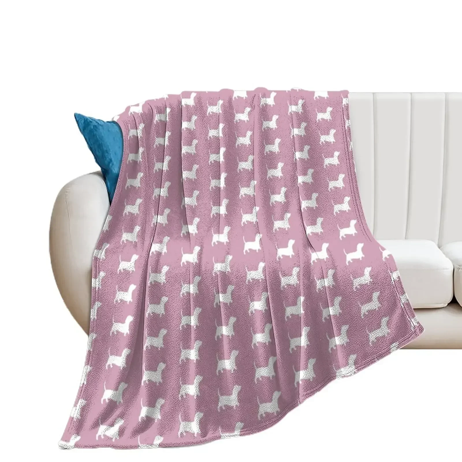 Plain Dusty Pink With Daschund Silhouette Throw Blanket Bed linens Sofa Throw Blankets