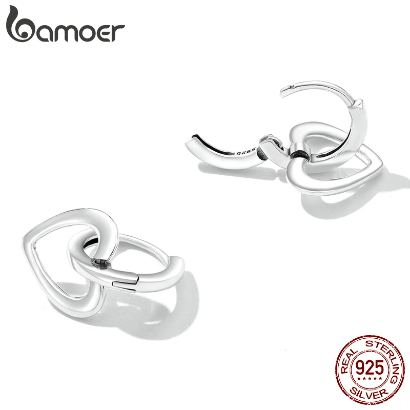 Bamoer Authentic 925 Sterling Silver Simple Love Ear Buckles for Girl Sterling Silver Heart Earrings Women Fine Jewelry Gift image 4