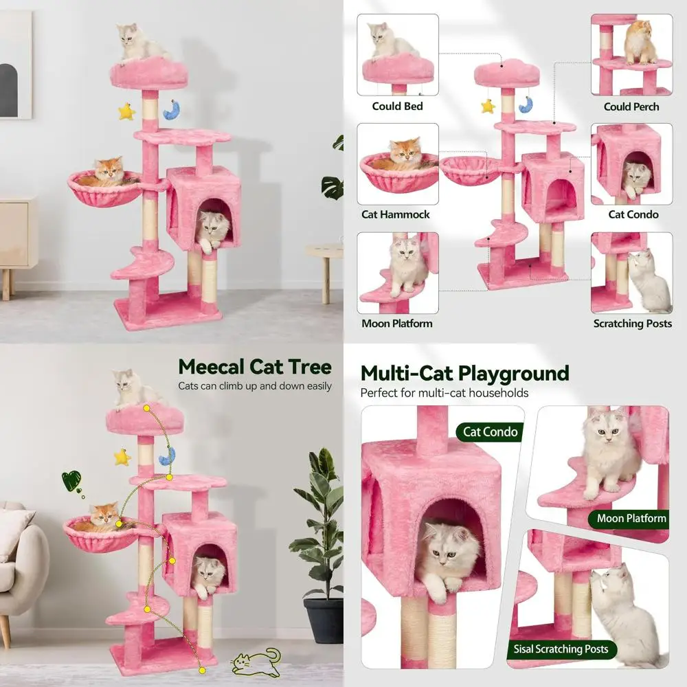 

Pink 43 Cat Tree for Small Kittens, 9lbs, with Scratching Post, Double Beds, Hammock, and Toys