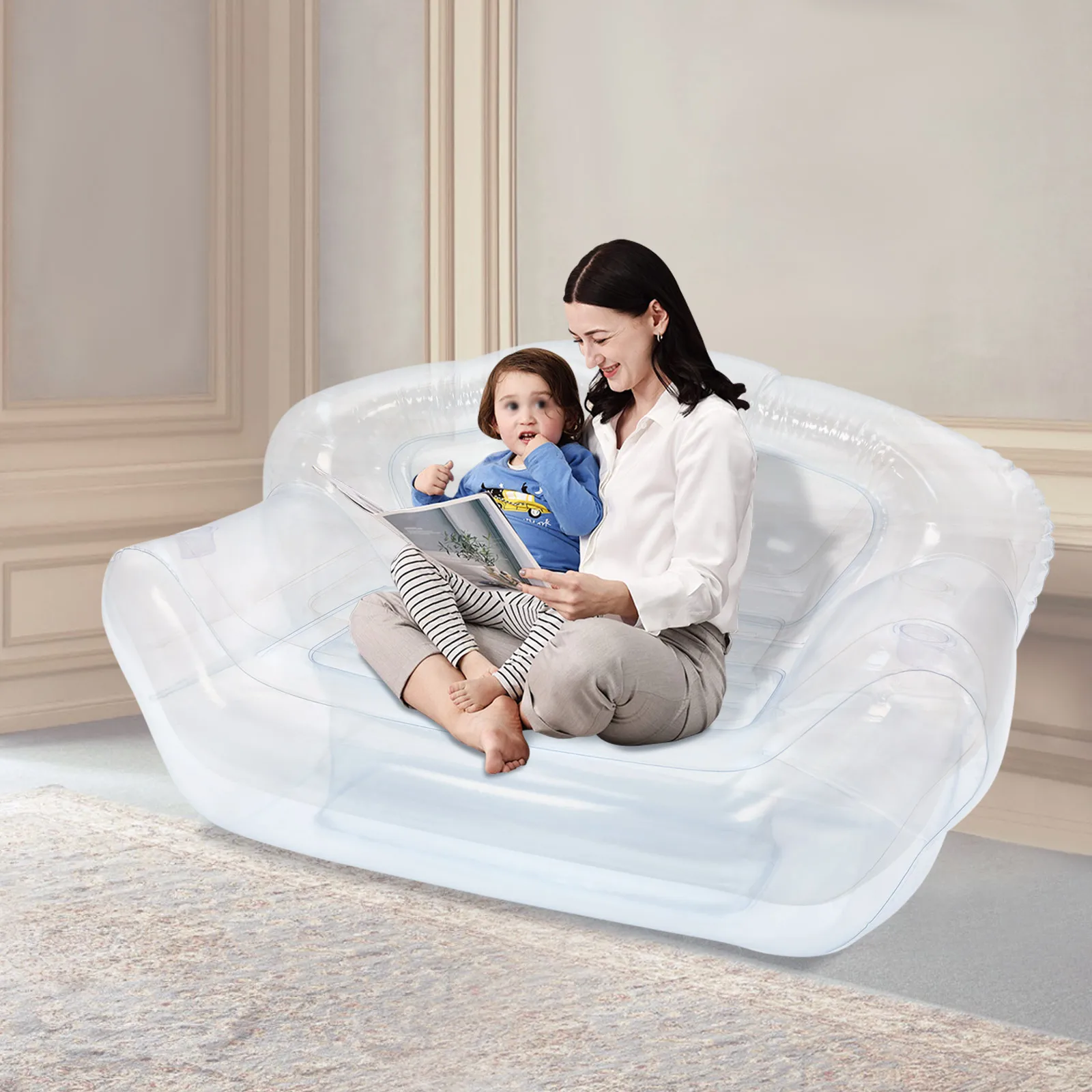 

Portable Inflatable Couch(Clear)—Ergonomic Design(Comfy Support), Stripe Surface(Anti-Slip), Wipe-Clean, 70.9x35.43x37.4in Size