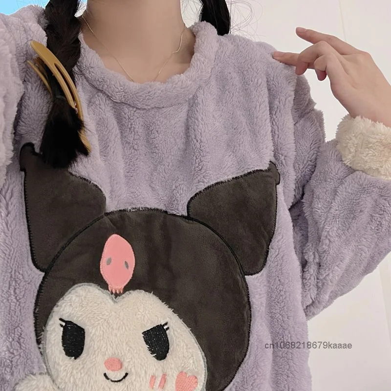 Sanrio Kuromi Cartoon Cute Coral Plush Pajamas Sweet Y2k Girl Style Warm Sleepwear Women Autumn Winter Thicken Flannel Home Set