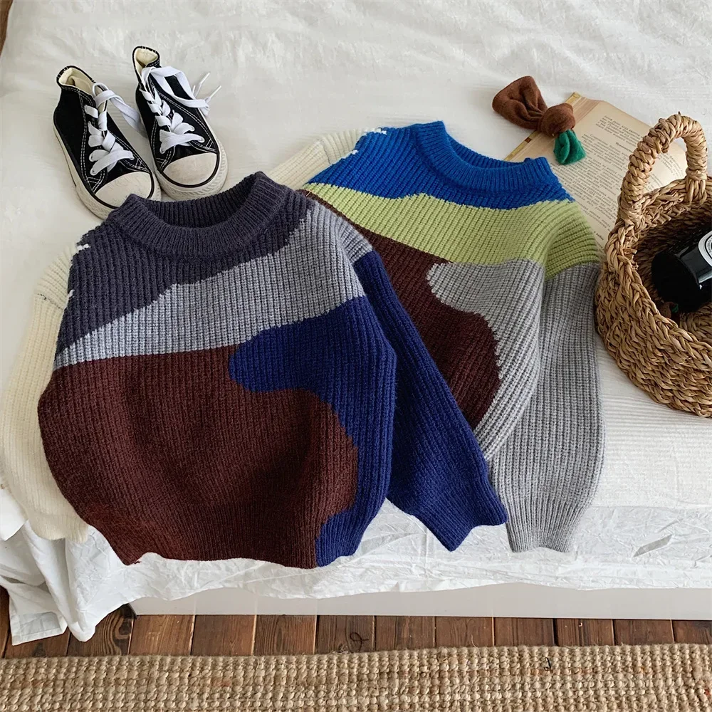 Sweater Autumn Boys Girls Korean Candy Colour Versatile Knitting Children Clothing Round Neck Casual Woolen Yarn