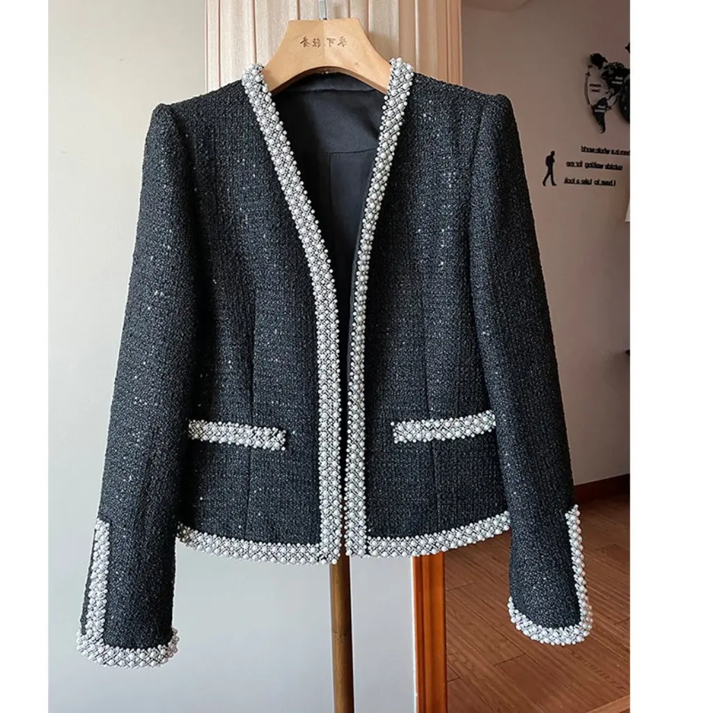 

Women's Celebrity Style Tweed Jacket Heavy Beading Sequined Fashionable Work Clothing Woolen Suit for Industry