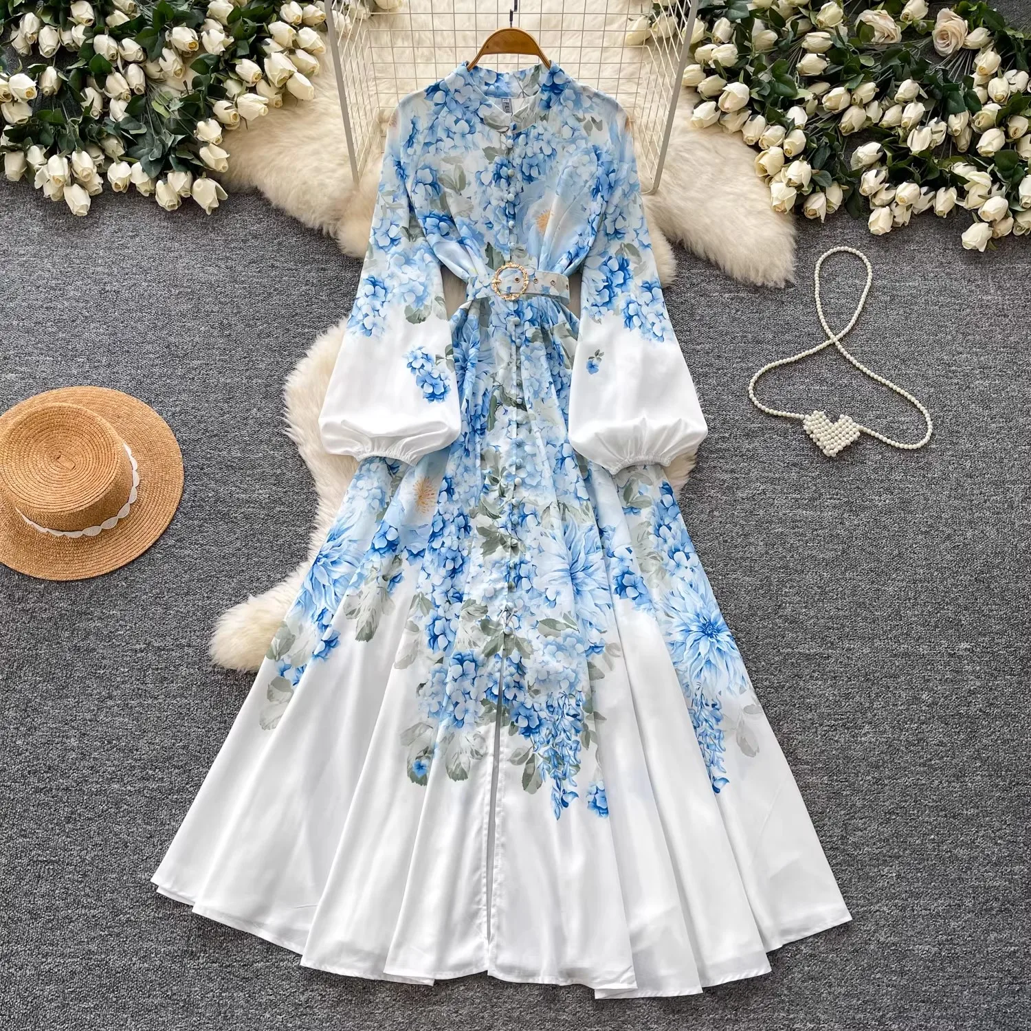 

Women Casual Long Sleeve Dress For Women Stand Collar Lantern Sleeve Retro Single Breasted Vintage Print Belt Maxi Party Vestido