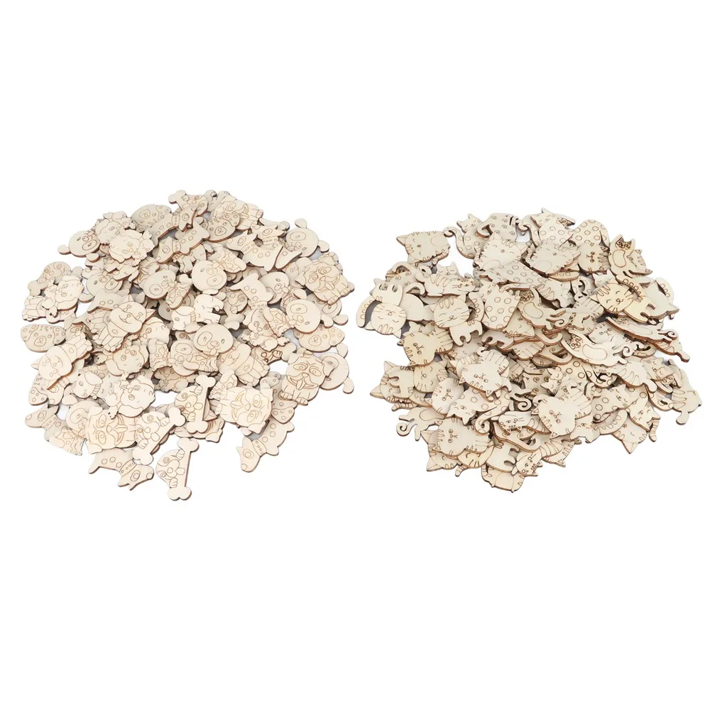 

200 шт. заготовок для поделок из дерева: фигурки животных, смешанные темы (домашние животные), гладкие края, пустые деревянные украшения, фигурные деревянные элементы