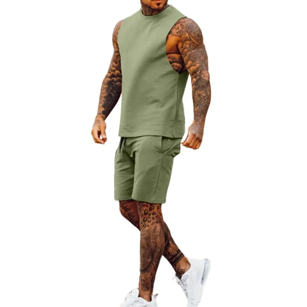 بدلة رياضية للرجال طقم بدلة رياضية للرجال، شورت برباط بخصر مطاطي، لون سادة، ملابس رياضية لسترة الصيف