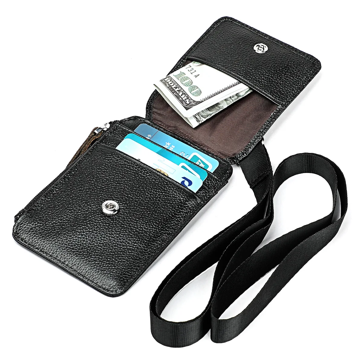 Porte-badge en cuir véritable avec lanière, nom d'entreprise, porte-étiquette de travail, d'identité du personnel, couverture de carte de crédit, porte-carte RFID, sac à main, poudres à fermeture éclair