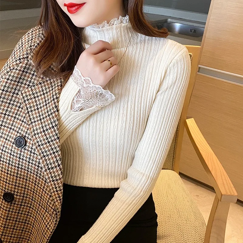 Lace Solid Basic Knitted Women Tops Turtlneck Sweater Long Sleeve Slim Casual Pullover Korean Fashion Simple Chic Clothes