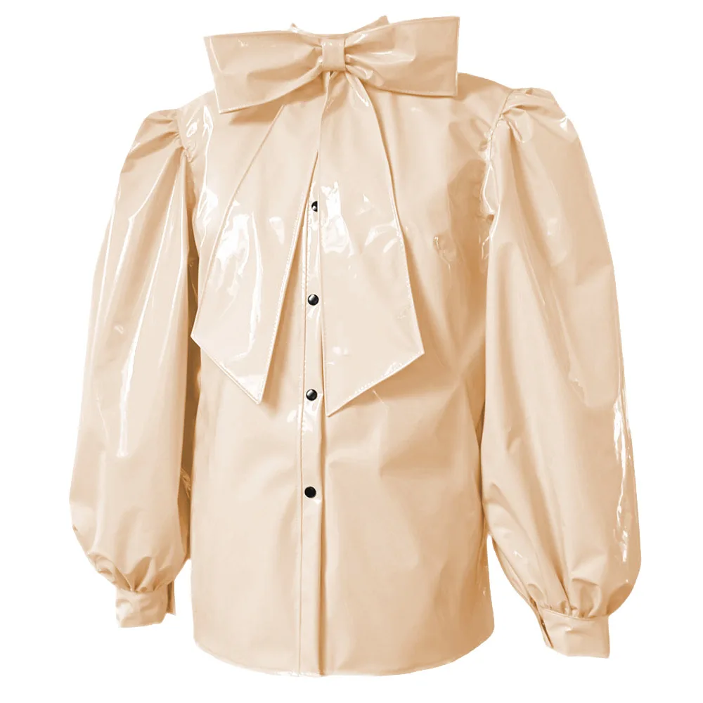 

Блестящая кожаная женская рубашка из ПВХ, модная пышная рубашка с длинными рукавами и галстуком-бабочкой, однобортные блузки, женские топы с мокрым эффектом, винтажные женские топы
