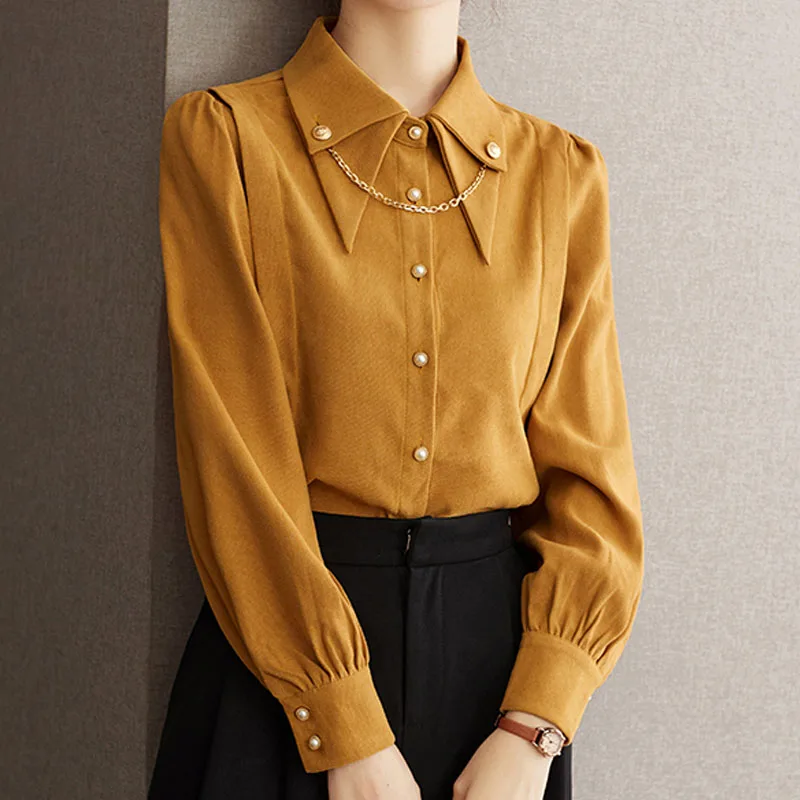 Women\'s Shirts Double Layered Collar Tops Commuting Style Chain Button Long Sleeve Elegant Temperament Blouse Women Shirts A603