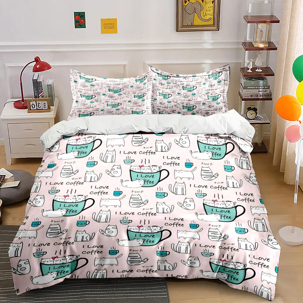 Coffee Cat Pattern, Cute Hand-drawn Style Bedding Set for Kids Luxury Gift 3pcs Digital Print Comforter Set Soft Comfortable
