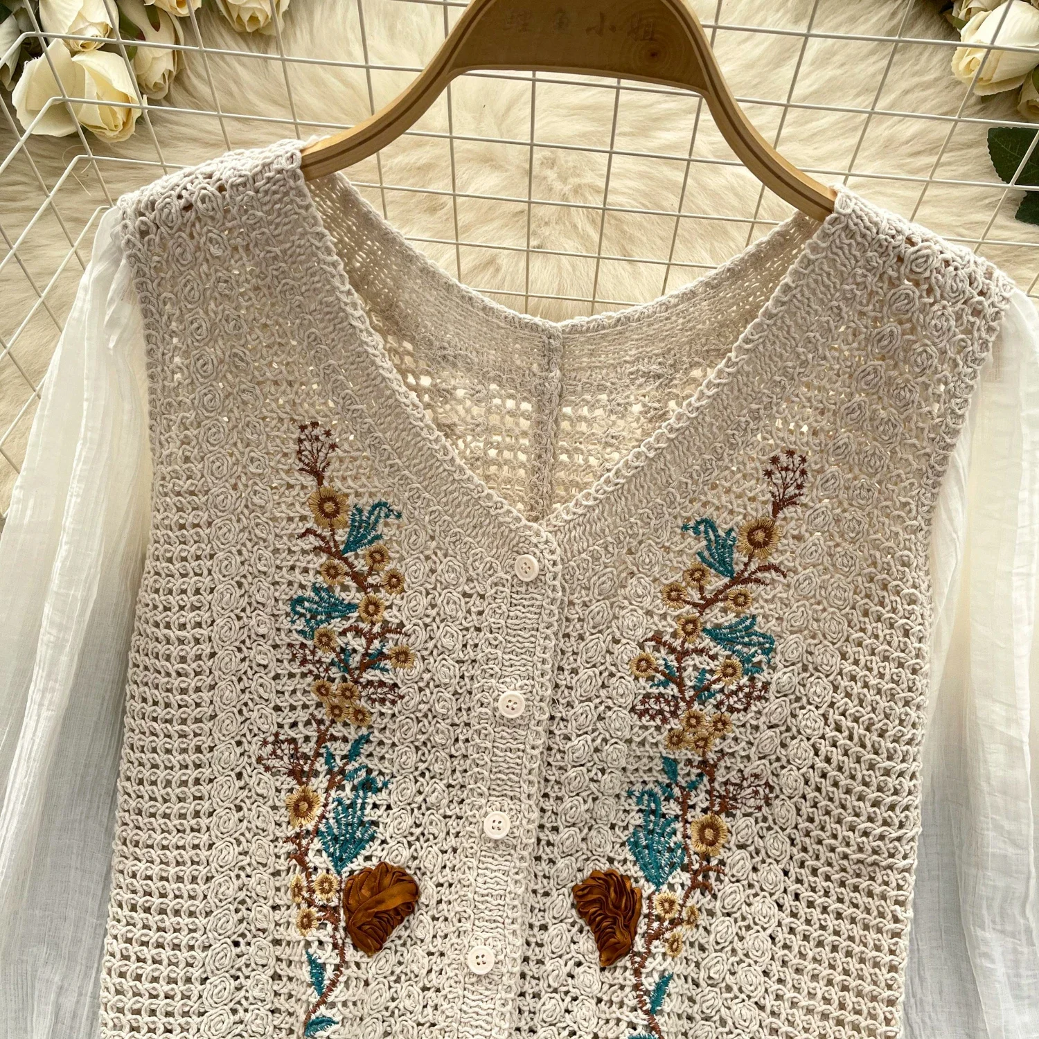 Vintage Embroidered Chic Hook Flower Hollow Out Sweet Spliced Casual Basics Top Bohemian Women Streetwear Autumn Knit Blouse