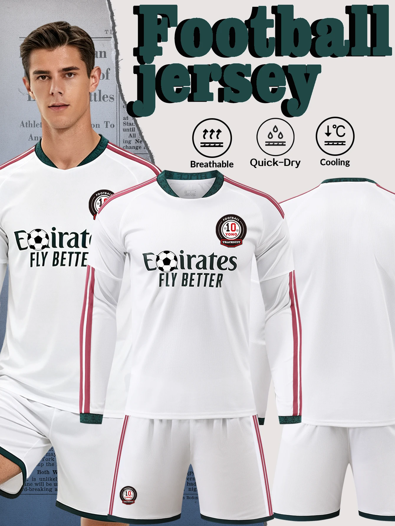 Men White Long Sleeve Football Jersey Set Soccer Uniform Quick Dry Breathable Shirt Shorts Kit For Training Match