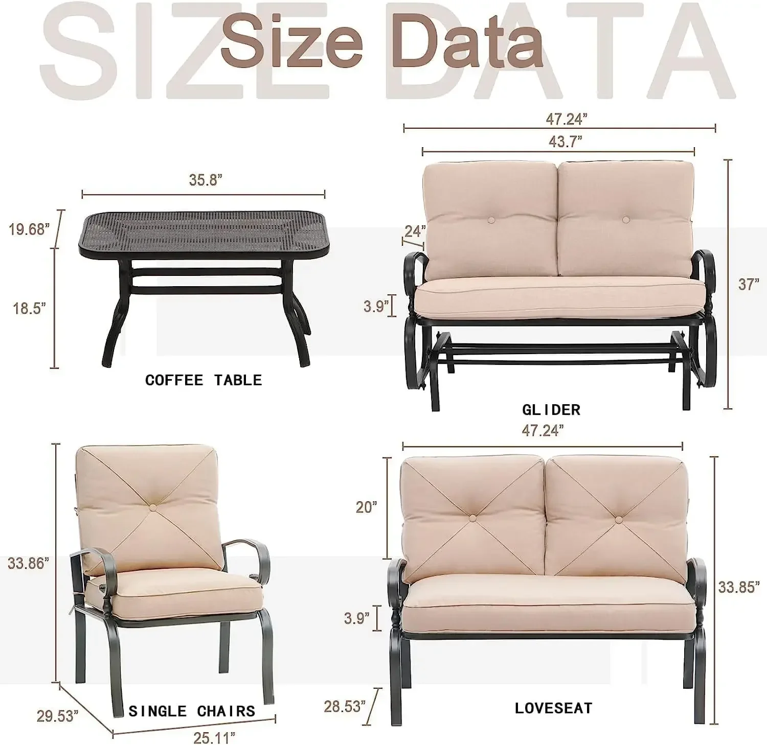 5-delige metalen meubelsets voor buiten, terrasconversatieset, smeedijzeren zweefvliegtuig, 2 enkele stoelen, loveseat en salontafel