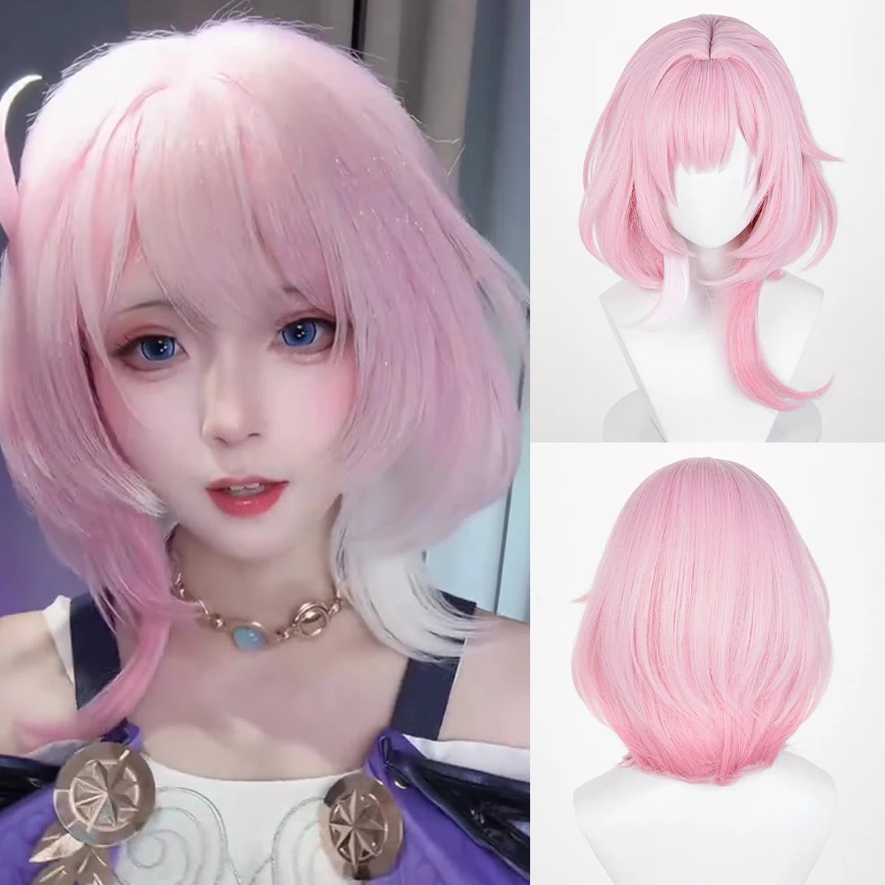 

Pink White Highlights Women Synthetic Short Straight Wigs with Bangs Fluffy Anime Game Cosplay Wig for Daily Party