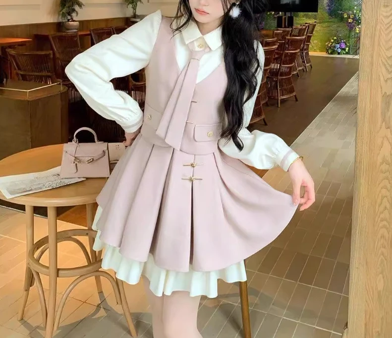 الخريف الشتاء حجم كبير الحلو وهمية قطعتين سميكة الربط فستان لطيف فتاة تنوعا الحد من العمر كلية لوليتا فساتين