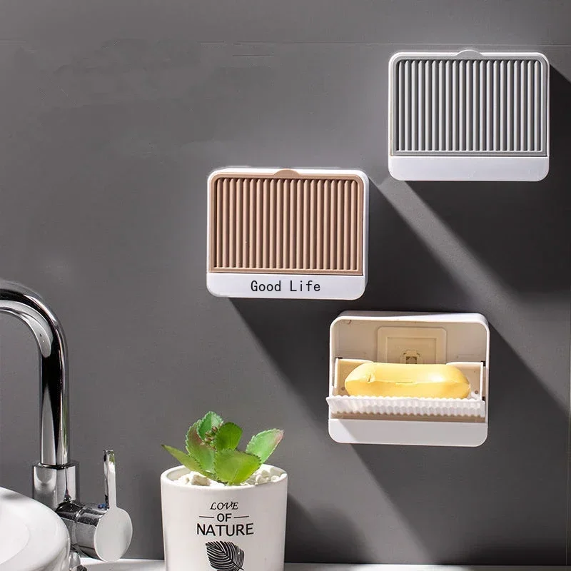 Creative Wall Mounted Soap Box With Lid Double Grids Soap Draining Rack Bathroom Soap Holder