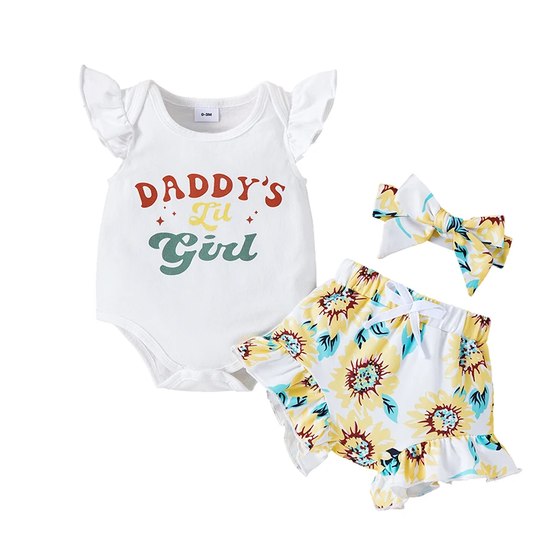 

Baby Girls Shorts Set Fly Sleeve Letters Print Romper with Flower Print Shorts and Hairband Summer Outfit