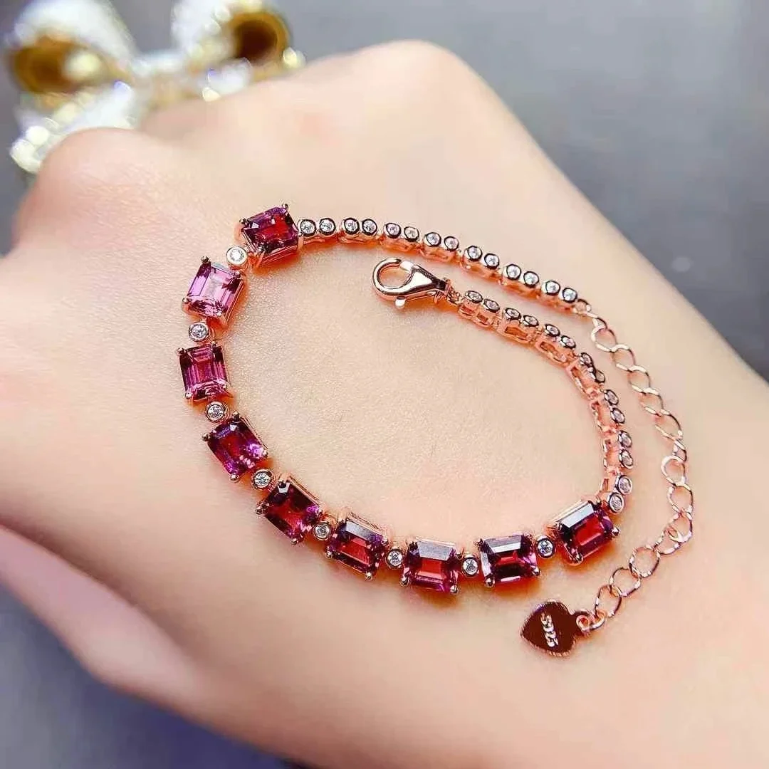 Thick 18K Gold Plated Natural Pyrope Garnet Bracelet 4*5mm Total 4.5ct Genuine Garnet 925 Silver Bracelet for Wedding