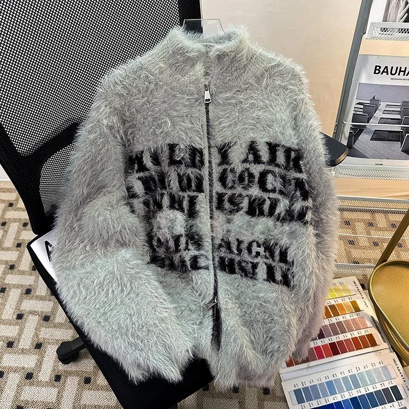 Loose American Letter Embroidered Men's Knitwear Stand Collar Open Cardigan Thick Long Sleeve Casual Style Fashion Coat