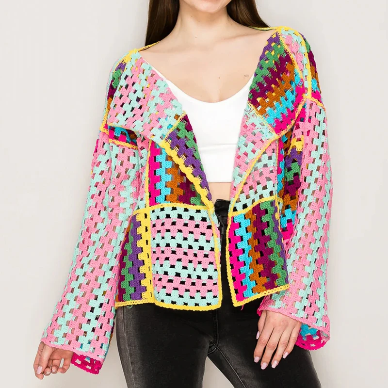 

Women's Cardigan Loose Rainbow Stripe Openwork Knitted Sweater Crochet Jacket Colorful Cover Up Vacation Outfit