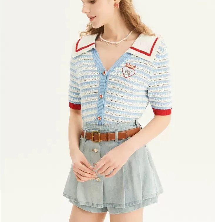 Stylish Hollow Striped Knit Cardigan Sweater For Women 2024 Summer Sailor Collar Short Sleeve Single-breasted Ladies Knitwear