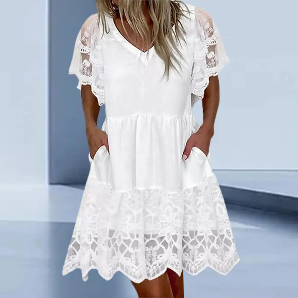 Vestido corto de verano con manga corta y volantes para mujer, minivestido de encaje bordado elegante, con escote en V, para fiesta