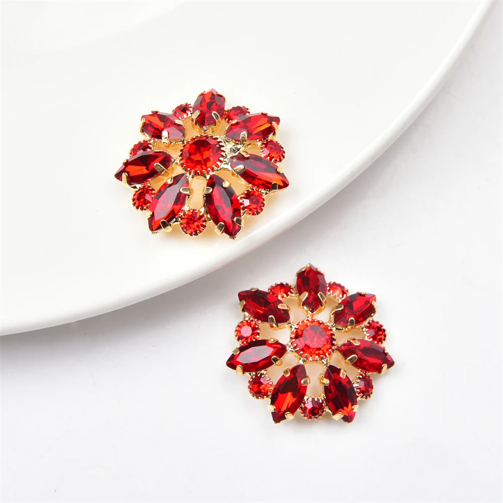 5Pcs Red Color Rhinestone Buttons For Clothing Knit Cardigan Horse Eye Crystal Flower Metal Shank Buckle Diy Sewing Decorative