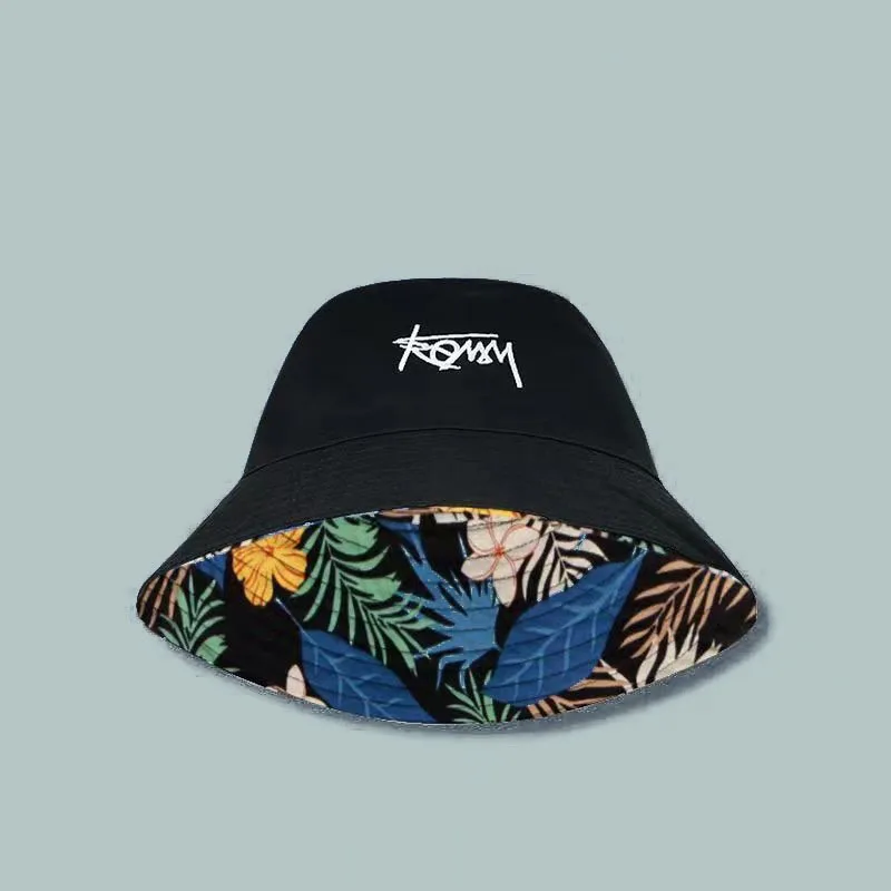 Unisex Embroidered Letter Fisherman Hat Leaves Double-sided Bucket Hat Simple Thin Large Head Circumference Sun Hat Casual