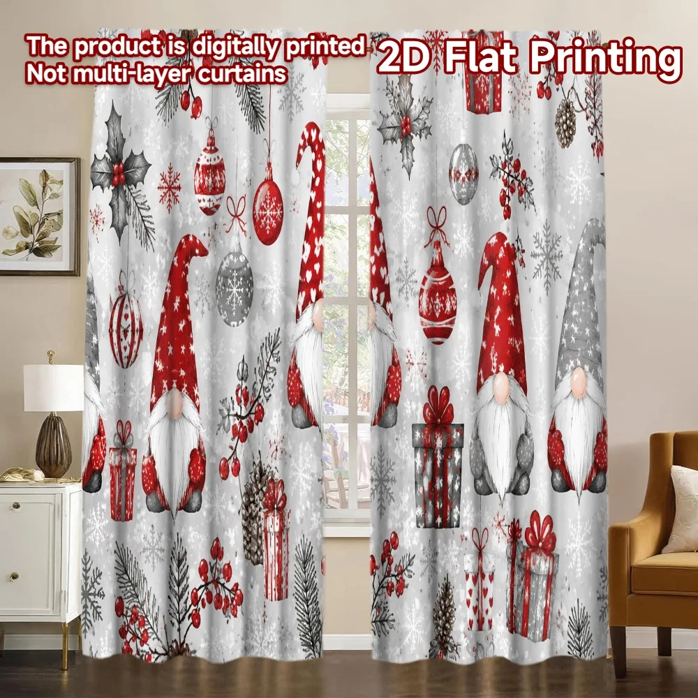 2D FLAT PRINTING 2pcs Curtains (Without Rod) Christmas Gnomes and Ornaments Modern Creative Curtains Versatile Polyester Fabric