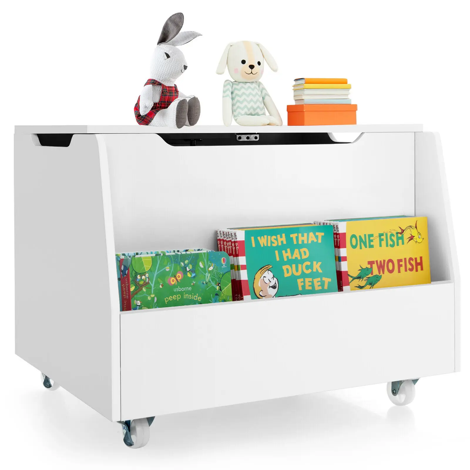 Costway Kids Toy Box Wooden Storage Chest Bench w/ Bookshelf Wheels Safety Hinge Lid