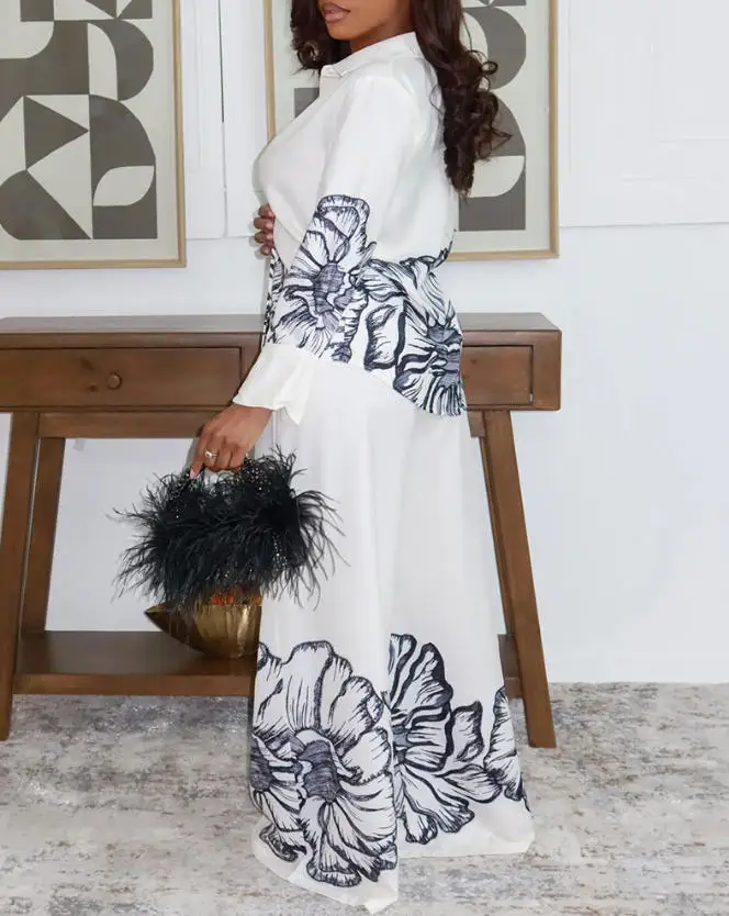 

Women's 2-Piece Stand Up Collar Floral Print Long Sleeved Button Up Front Shirt and Wide Leg Pants Set