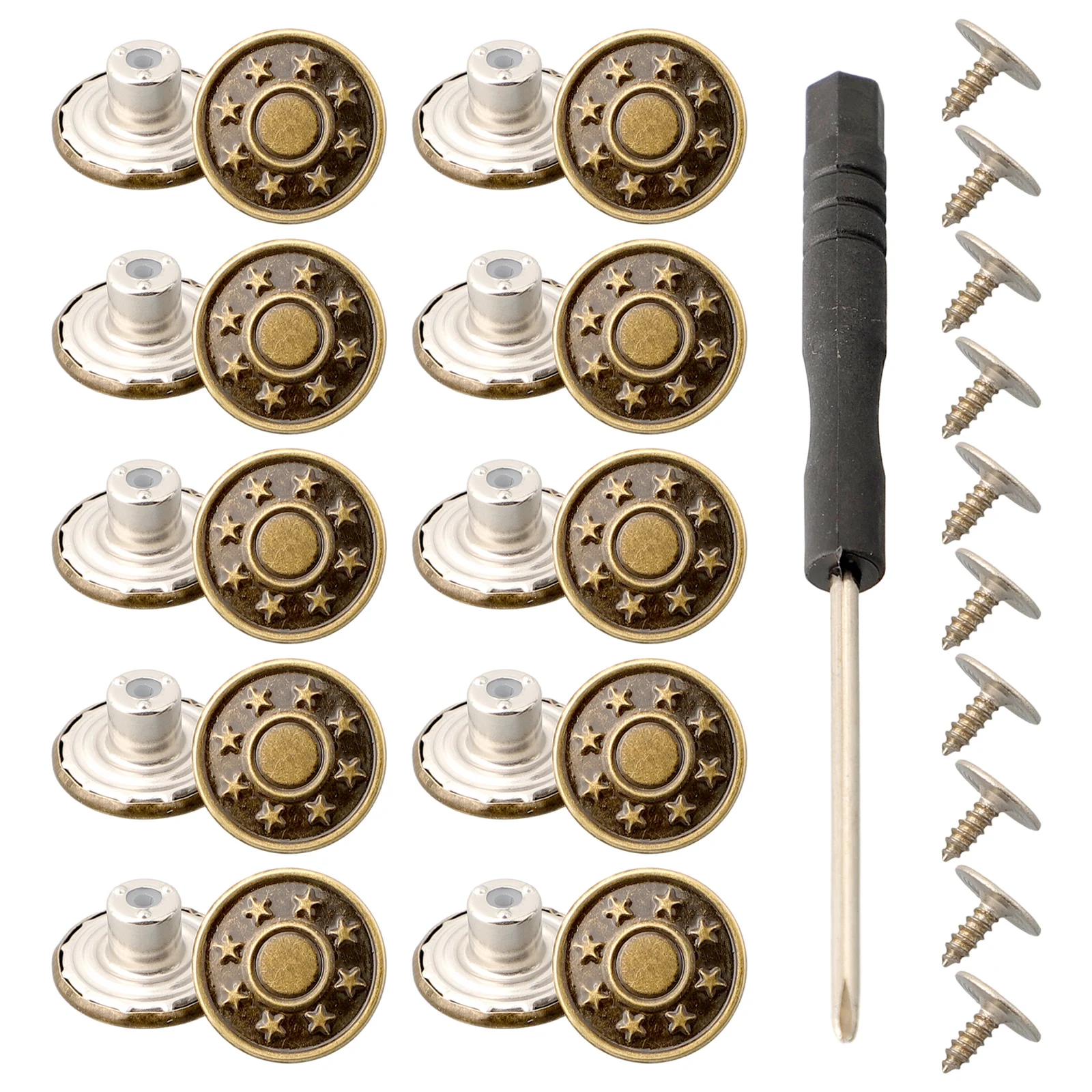 10PCS Snap Fastener Metal Jeans Waist Buttons 17mm Replacement No-Sew Screw Button Repair Kit DIY Buttons Accessories