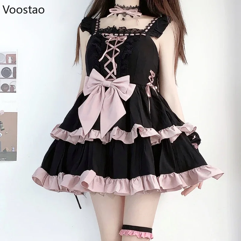 Abito Lolita gotico vittoriano giapponese Ragazza vintage Dolce fiocco con volant Fasciatura Principessa Abiti da festa per le donne Abiti scuri