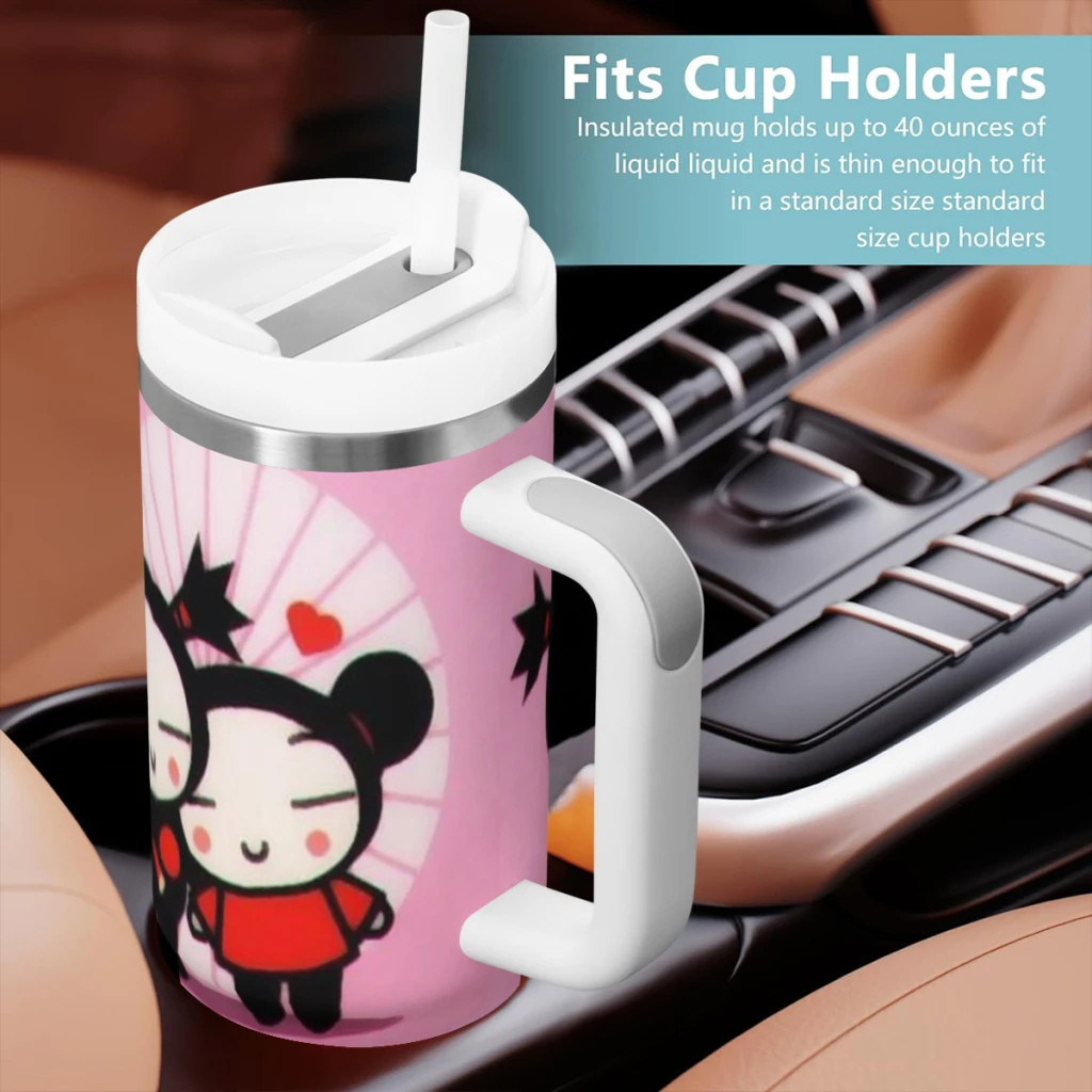 Car Travel Mugs Cute Cartoon Pucca Garu Stainless Steel 304 Tumbler Water Bottle 40oz/1200ml