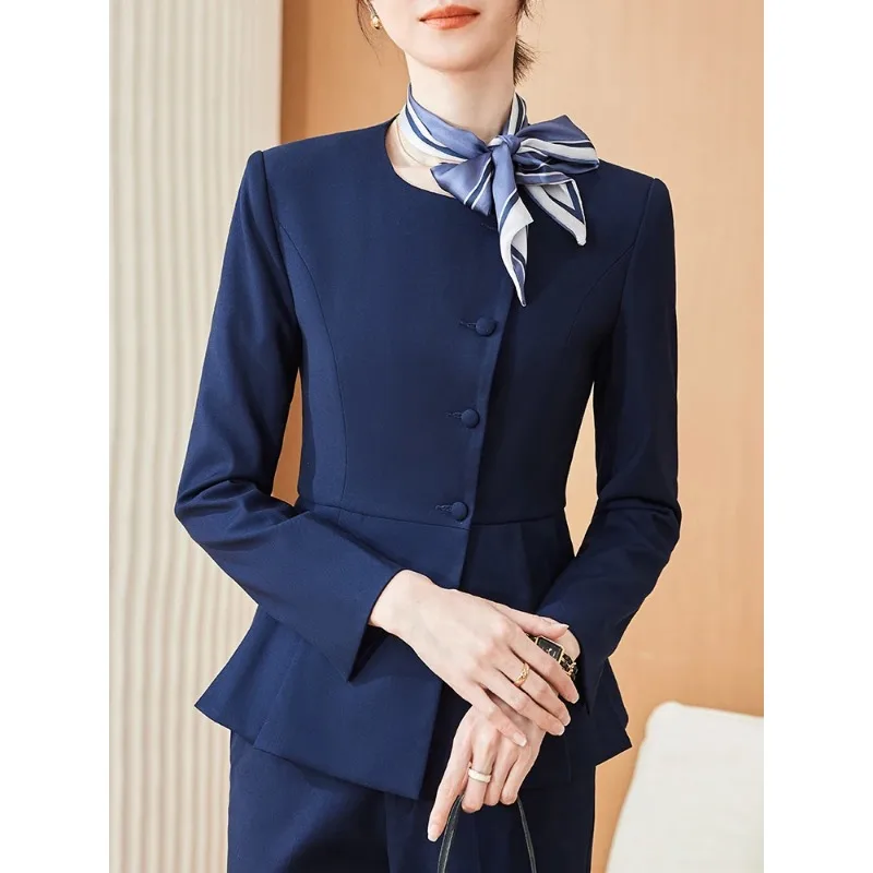 Elegant Women Suit Blazer Office Ladies 1 Piece Jacket O Neck Work Wear Navy Gray Black Long Sleeve O-Neck Female Formal Coat