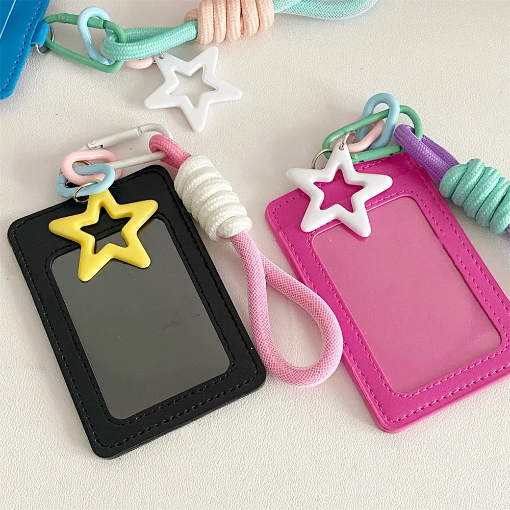 Candy Color Double Layer Card Protective Case With Star Lanyard INS Transparent PU Card Holder Waterproof Vertical Card Cover