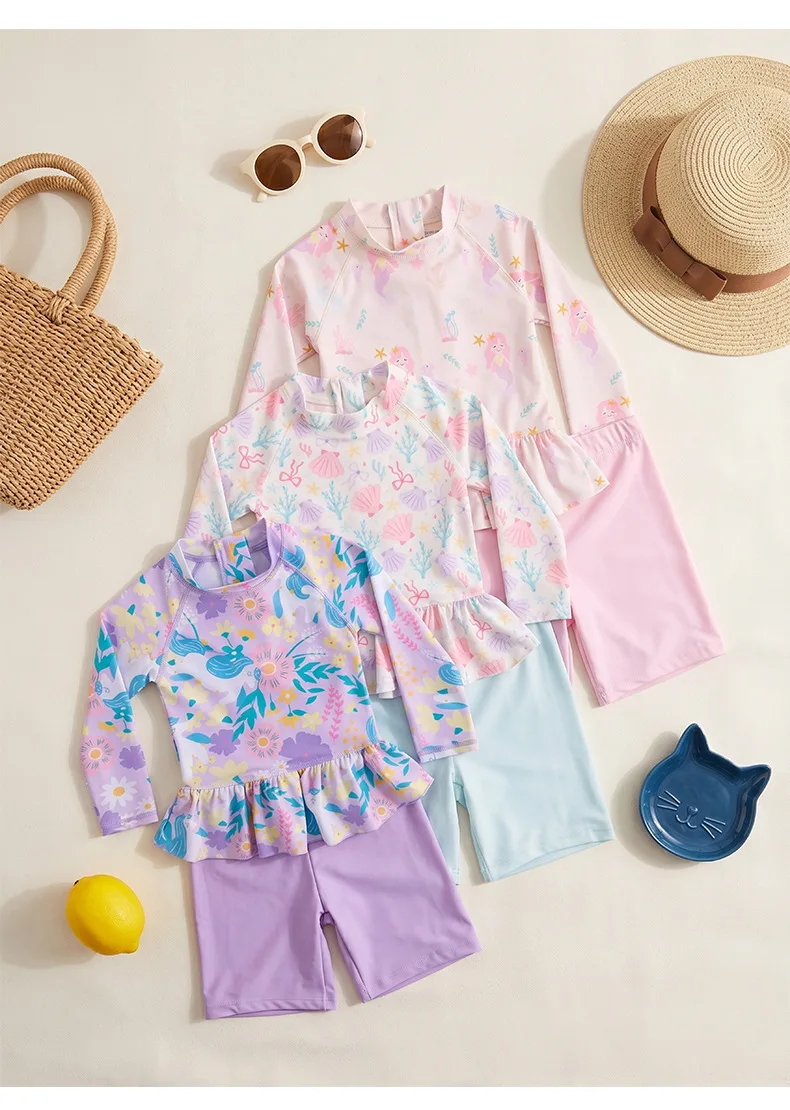 Girls Two Pieces Swimwear Sets New Summer Long Sleeve Printed Tops Elastic Shorts Children Cute Swimsuit Outfits Sa3476def81f94b7d9c46d6a406b596e2C