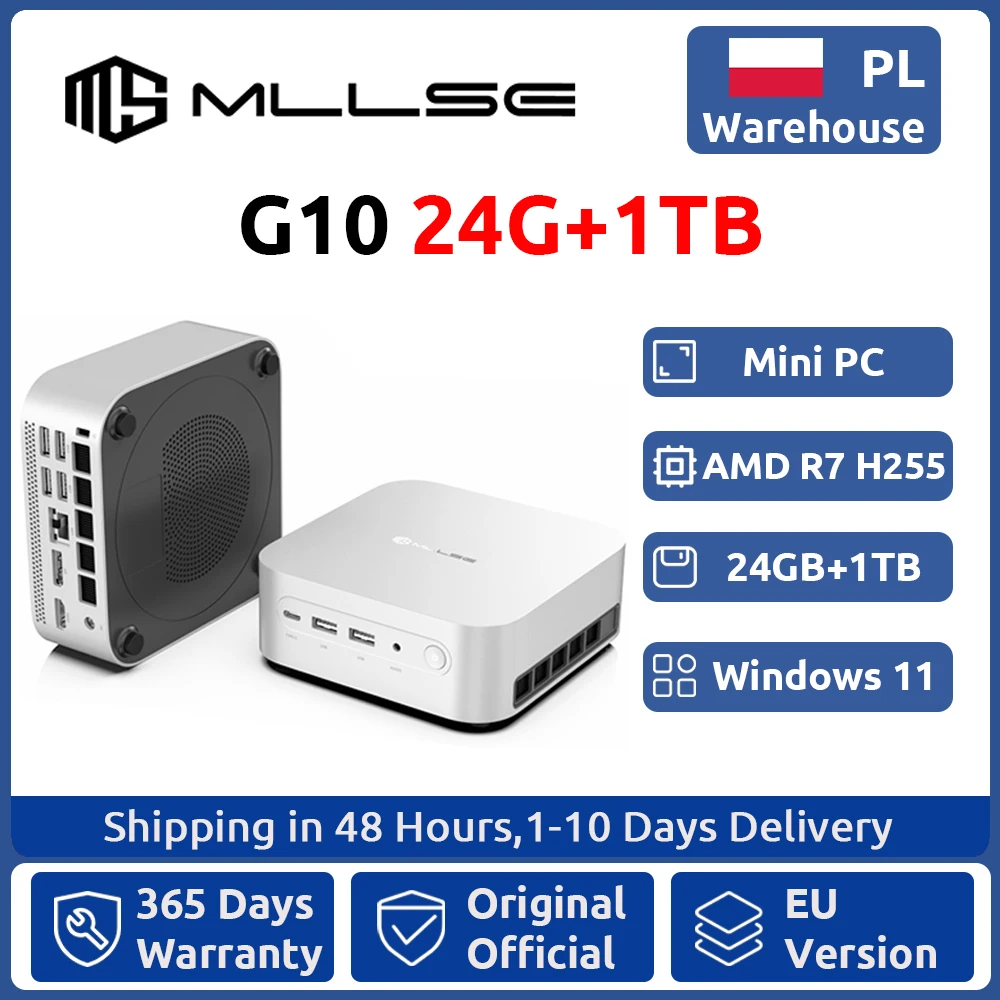 MLLSE Mini PC G10 AMD R7 H255 24GB LPDDR5 1TB SSD 8 rdzeniowy komputer stacjonarny BT5.2 WIFI 6 HDMI TYPE-C USB