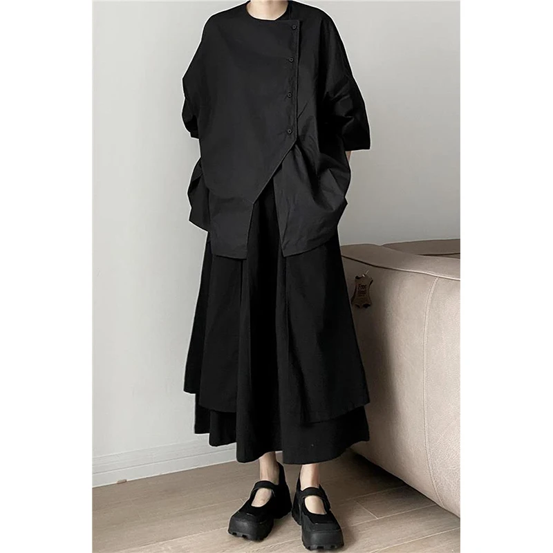 Harajuku Black Shirts Women Irregular Oversized Blouses Gothic Dark Academic Japanese Vintage Asymmetrical Loose Casual Tops