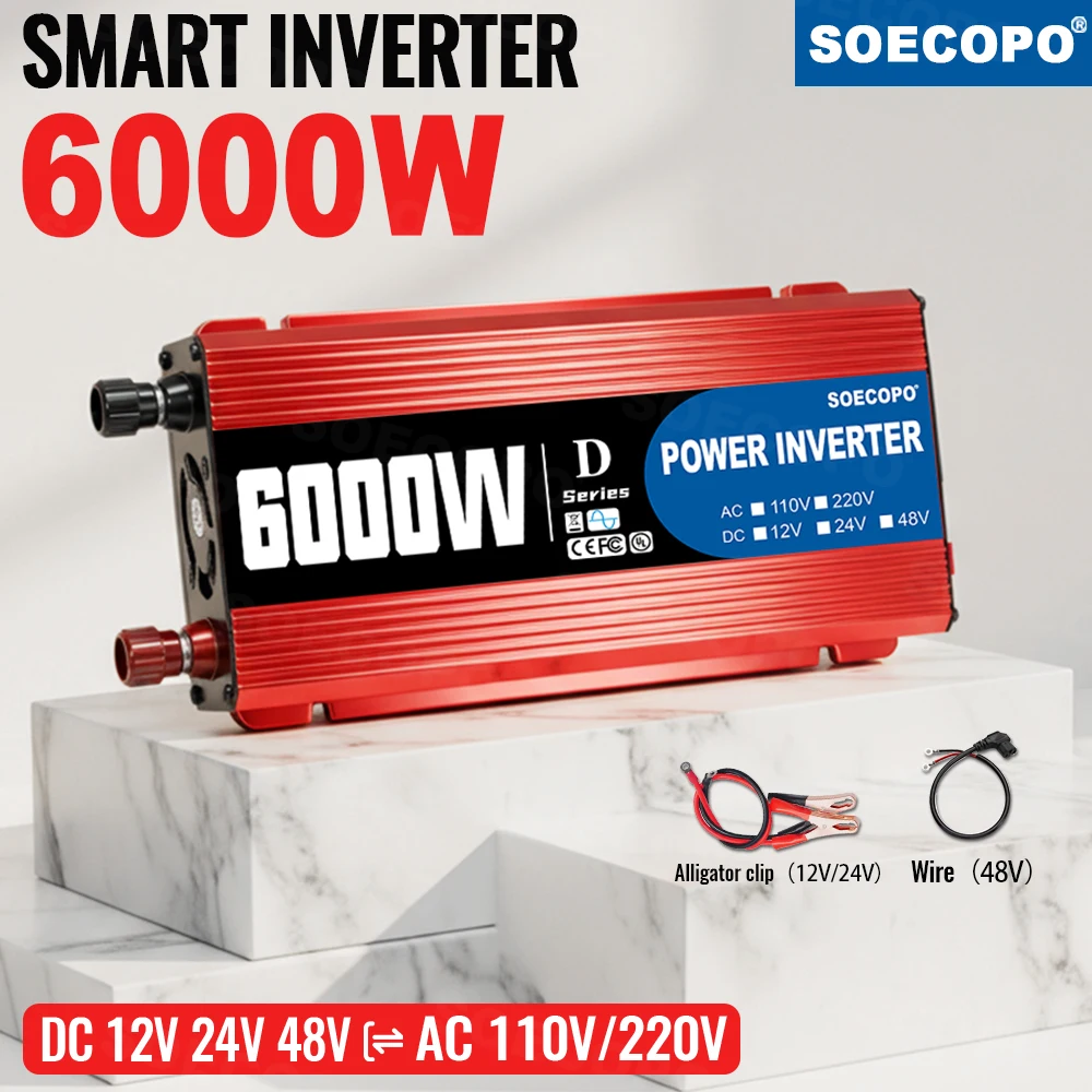 6000W Portable Smart Inverter 12V/24V/48V to 110V/220V AC with USB Port & Alligator Clamps for RVs Trucks Worldwide CE Certified