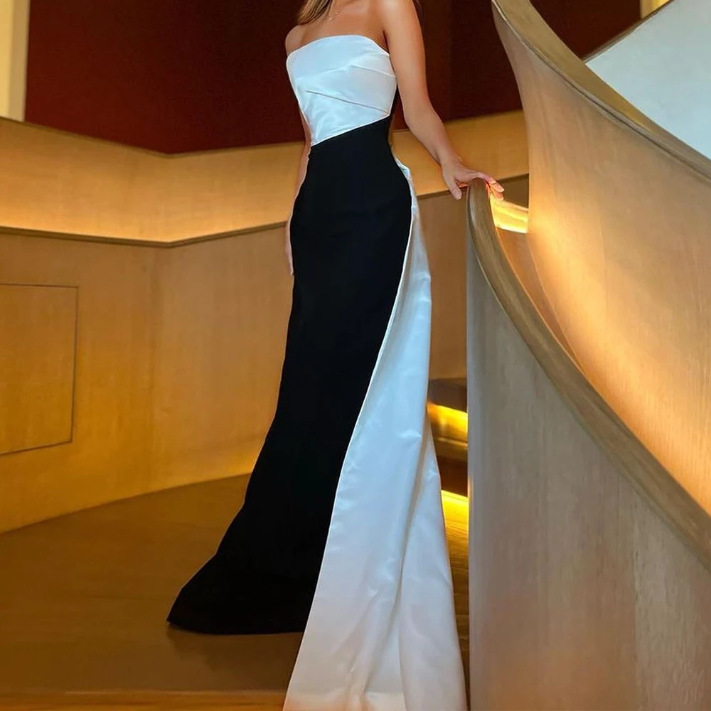 Dubai Evening Caftan Dress Floor Length Sleeveless Satin Straight Strapless Pleats Panel Train Dresses For Formal Occasions 2024