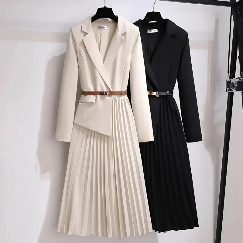 Spring Autumn Women\'s Dresses 2024 New Fashion Suit Collar Stitching Fake Two-Piece Elegant Lady Office Long Dress Vestidos