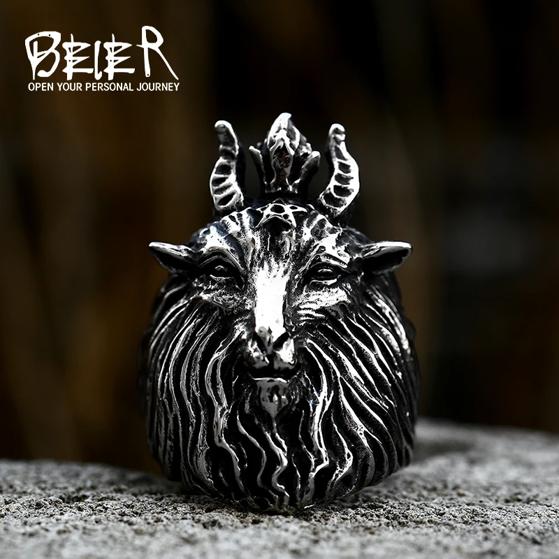 BEIER Vintage Stainless Steel fallen angel Satan demon sheep head pentagram coat of arms Ring Punk Animal men Jewelry BR8-905