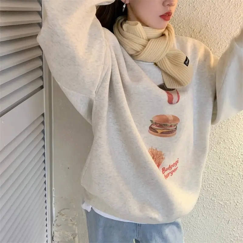 American casual retro fun burger print lazy trend new round neck sweatshirt women clothing y2k tops emo sweatshirt